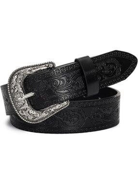 Unisex Black PU Leather Belt Vintage Western Cowboy Waist Belt Carved Buckle